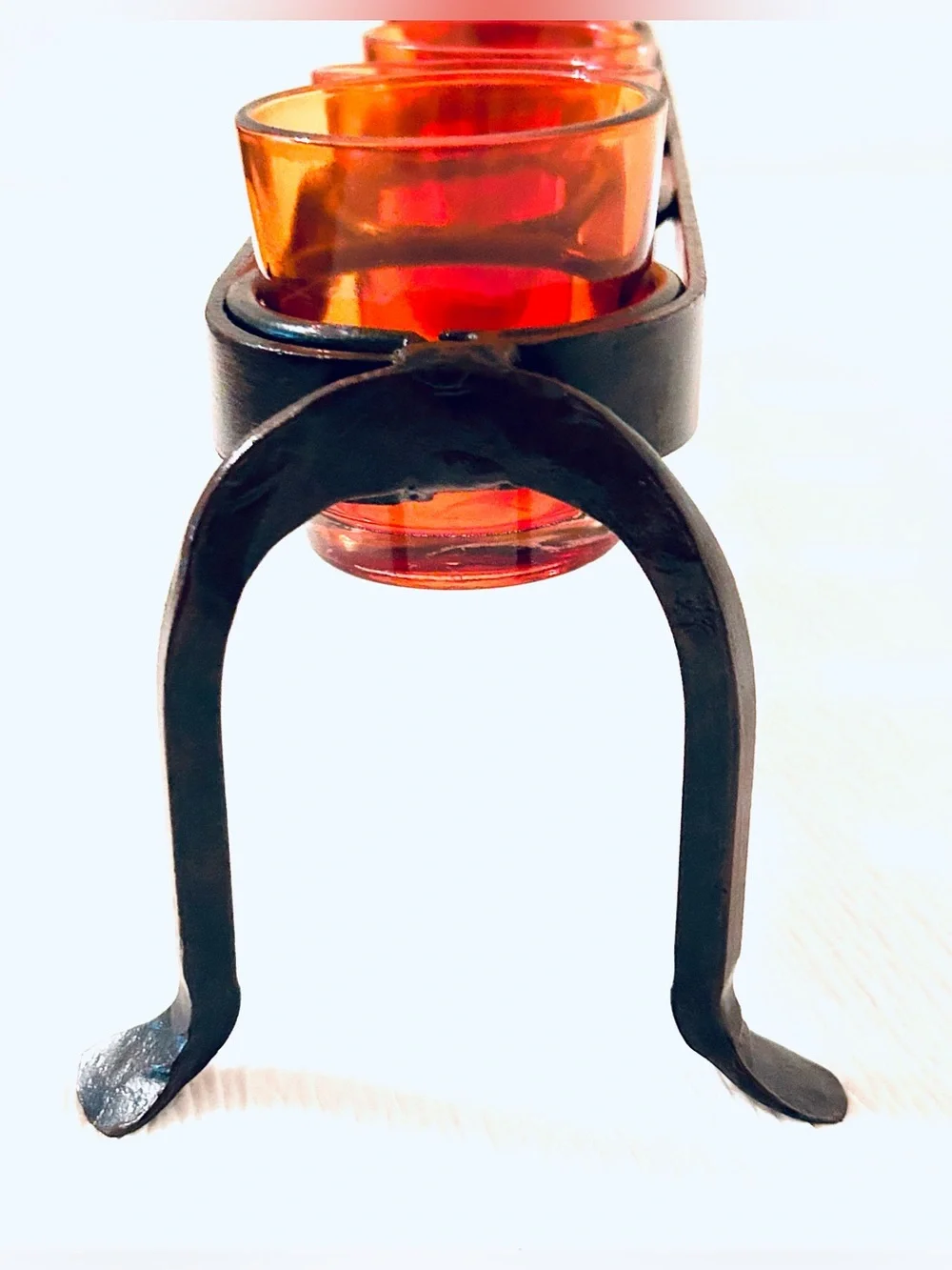 Hand Forged Iron & 6 Amber Glass Votive Fire Dance Railroad Votive Holder